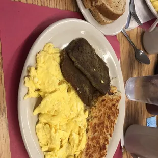 Scrapple with eggs and hash browns