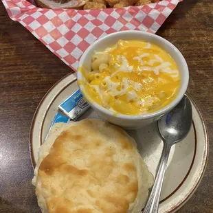 Huge flaky biscuit and Mac and cheese