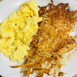 Two eggs, hash browns, and English muffin