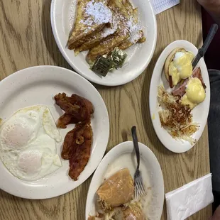 Eggs Benedict, Huge Homemade Cinnamon Roll,Eggs,bacon and French Toast