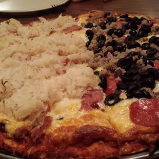 Half Pepperoni, Sausage, and Black Olive, Half Ballpark (Sauerkraut and Polish Sausage--Try it, it's amazing!)