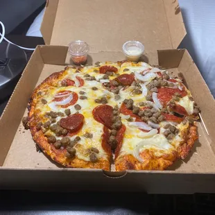 Pepperoni n sausage onions n extra cheese 10in