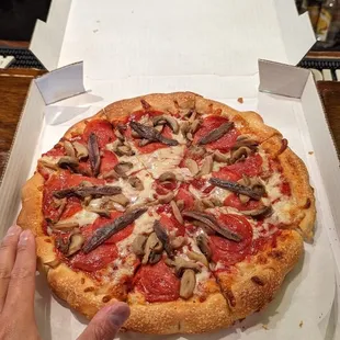 8 Cut Pizza, hand for scale
