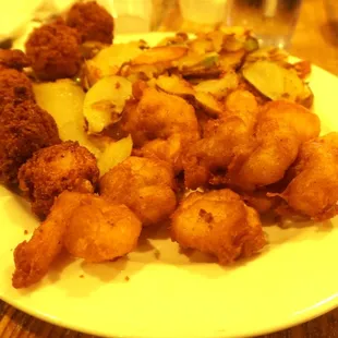 Fried shrimp with tavern fries. A few added hush puppies