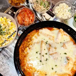 Spicy Rice Cakes with Ramen (plus added cheese on top)