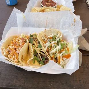 A mix of taco's I told the cashier to order for me, as long as she did jot pick anything that swims.