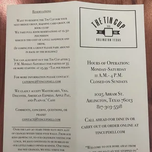 Menu - Business Info