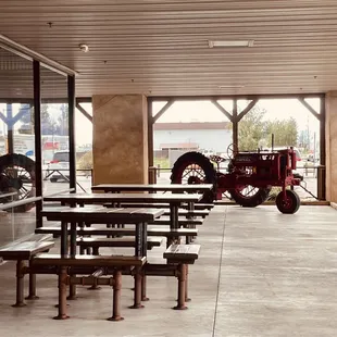 Outdoor dining with farm equipment
