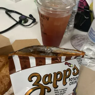 Barbecue chips, strawberry refresher drink