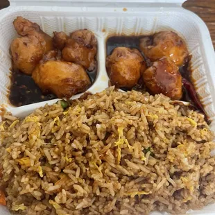 Spicy shrimp and fried rice lunch plate