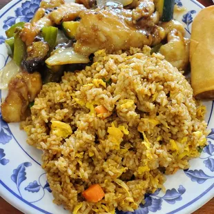 Another tasty meal from my go-to Chinese restaurant.  Cod in black bean sauce with fried rice and an egg roll and side soup.