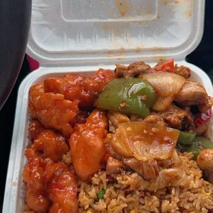F04. BBQ Pork Fried Rice hunan chicken and orange chicken dinner special