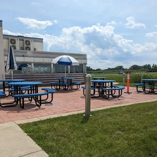 picnic tables and umbrellas