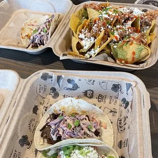 Chicken tinga and bbq brisket tacos. Chicken tinga nachos and pork belly slider.