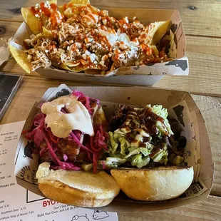 Chicken nachos, Thai belly and Korean bbq sliders
