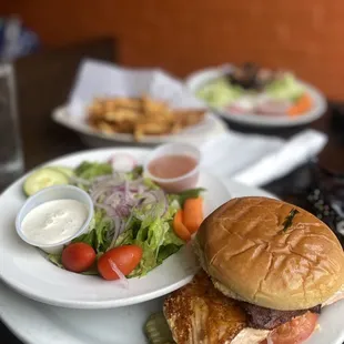 Salmon sandwich with side salad