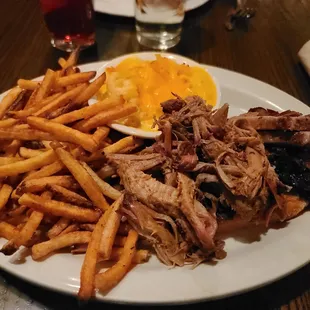 Two Meat dinner; brisket and pulled pork with fries and macaroni &amp; cheese