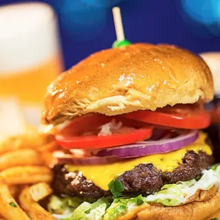 a cheeseburger and fries