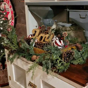 a kitchen decorated for christmas