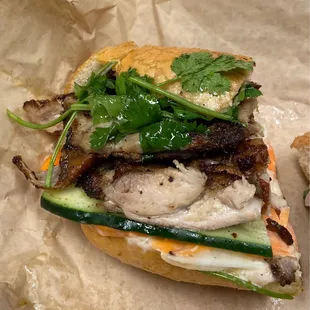 Half of my 5 spice chicken Bahn Mi! 10/10. I am saving this for second lunch