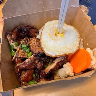 Five spice roast chicken rice bowl with egg. Simply great and a large portion.