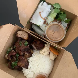 hue rolls, 5-spice chicken rice plate