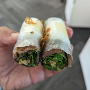 Tin Rolls - lemongrass pork, boiled egg, shiso, mint, fried wonton skin, shallots