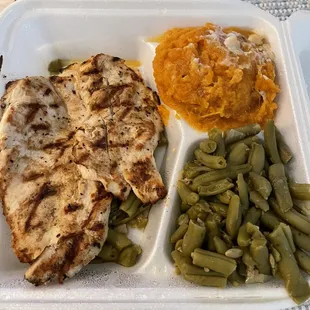 Grilled chicken plate with green beans and sweet potato casserole