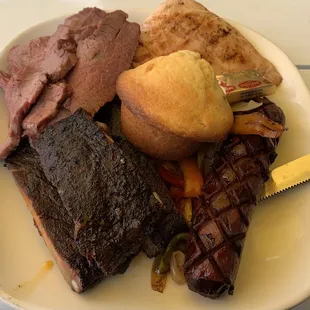 Four Meats Combination Plate: Pork Spare Ribs, Brisket, Smoked Chicken and Hot Link with Cornbread Muffin