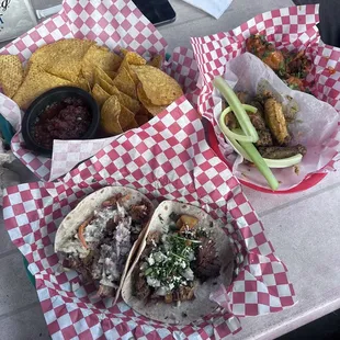 Barbacoa taco, chicken taco, wings, Chips And Salsa