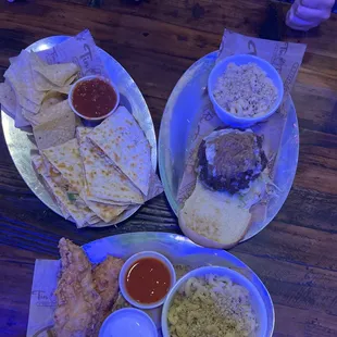 Quesadilla, burger, tenders, mac and cheese