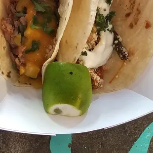 Chicken Tinga taco and pulled pork.