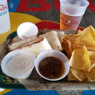 Buffalo chicken quesadilla and chips