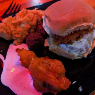 Finger foods - chicken sandwich with potato salad, chicken fingers, cauliflower nuggets