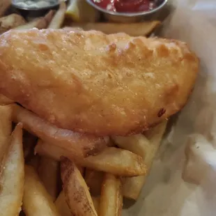 fish and chips with ketchup