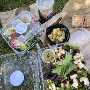 Cobb salad, apple pecan salad, turkey panini, German potato salad, iced coffee