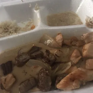 Can&apos;t eat anymore - not good - steak suppose to be &quot;medium&quot; and chicken had odd texture.  Too much water in plate and takeout bag.