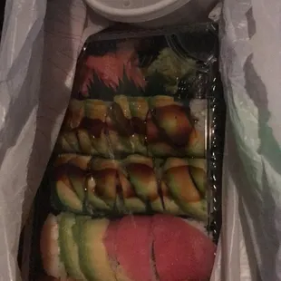 Rainbow and Sweet Dragon Roll - BOGO Free and added a miso soup