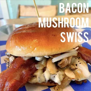 Creamy Swiss, thick slices of bacon, tender grilled mushrooms and onions, and roasted garlic mayo.