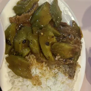 Bitter melon with beef over rice