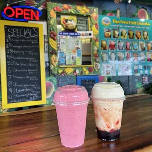 Left - Their daily special mixed with strawberry, pitaya and mango   Right - Lava Flow