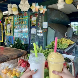 Coconut smoothie and mango lychee pineapple smoothie