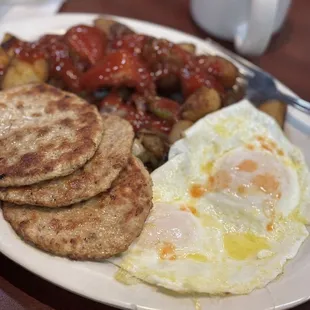 Turkey Sausage Patties plate with over easy eggs and Country Potatoes