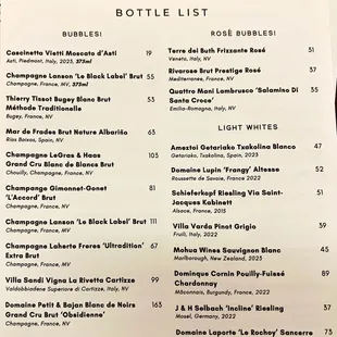 Bottle menu