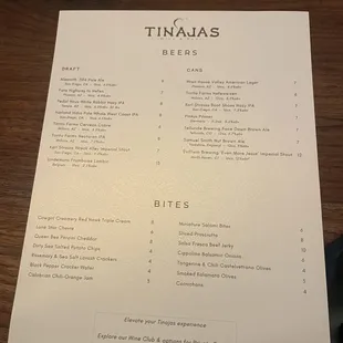 Beer and Bites Menu