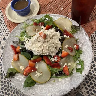 Grilled pear salad with chicken salad and fresh iced tea