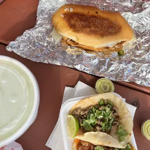 Lemonade, Torta al Pastor, 2 tacos on corn (beef fajita, Al pastor) &amp; green salsa