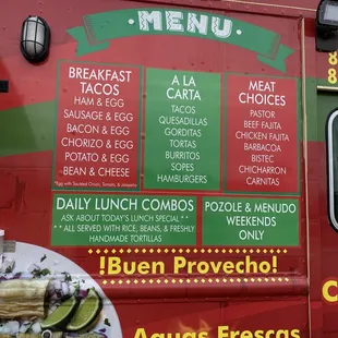 a menu on a food truck