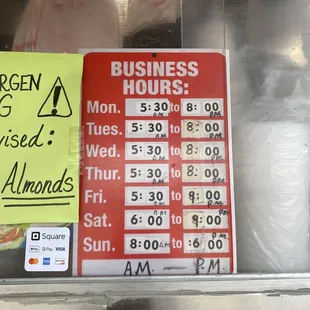 a menu for business hours