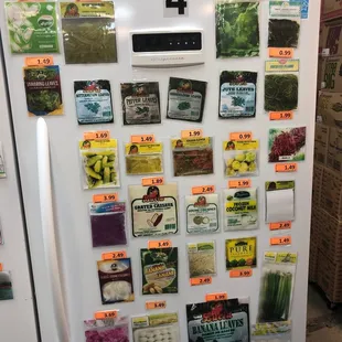 a refrigerator with a variety of seeds on it
